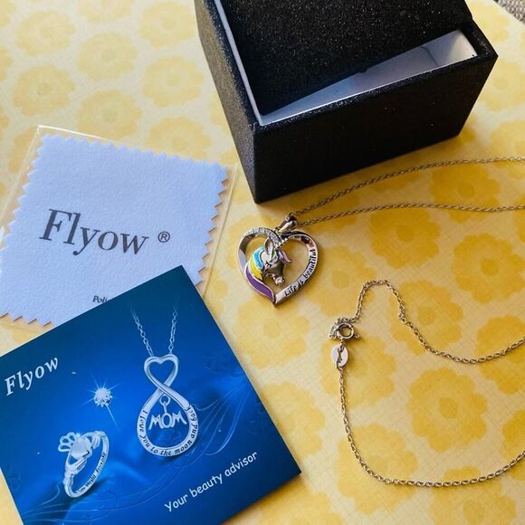 Unicorn Cz Heart Sterling Silver Necklace "Life Is Beautiful" - Picture 2 of 5